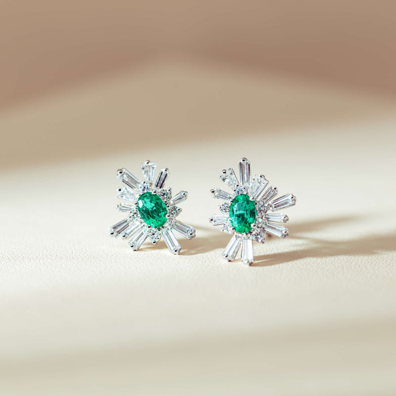 18ct White Gold 1.00ct Emerald & Diamond Palmera Earrings-Earrings-Walker & Hall