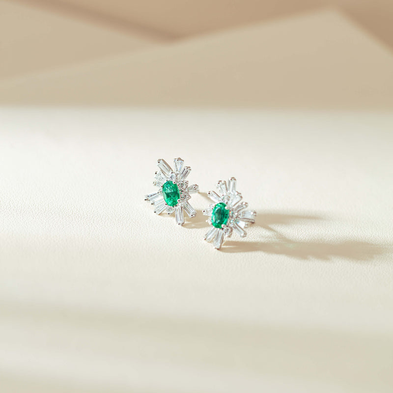 18ct White Gold 1.00ct Emerald & Diamond Palmera Earrings-Earrings-Walker & Hall