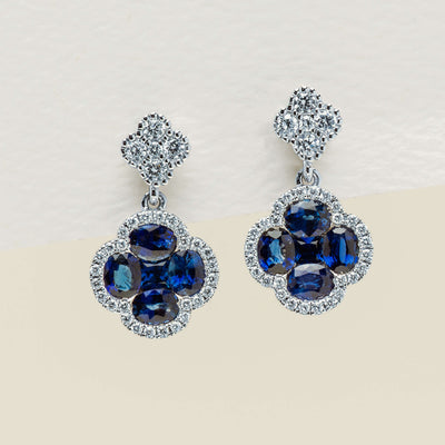 18ct White Gold 1.91ct Sapphire & Diamond Quatrefoil Earrings - Earrings - Walker & Hall