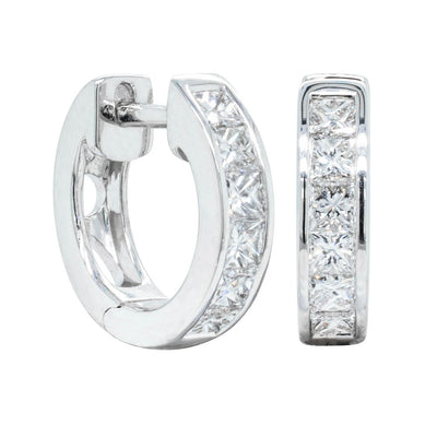 18ct White Gold Princess Cut Diamond Riviera Hoop Earrings-Earrings-Walker & Hall