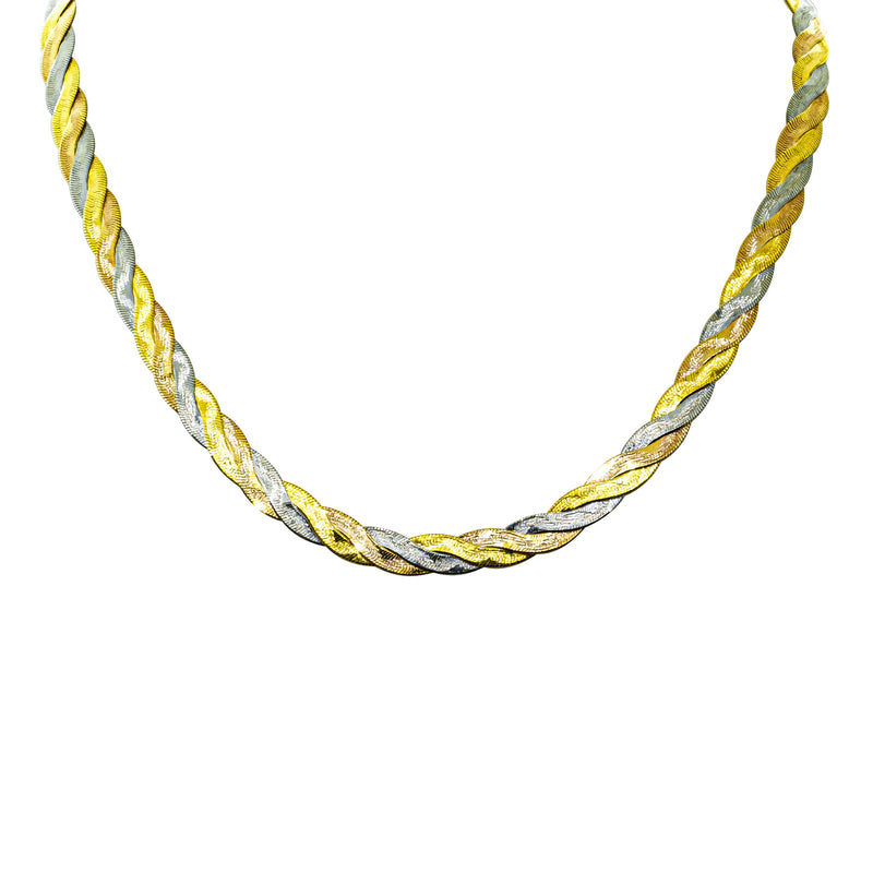 Deja Vu 18ct Tri-Tone Gold Flat Fancy Link Necklace-Necklace-Walker & Hall