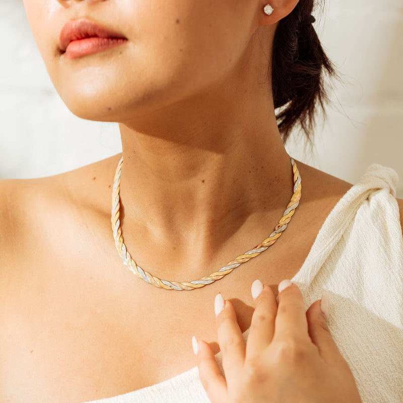 Deja Vu 18ct Tri-Tone Gold Flat Fancy Link Necklace-Necklace-Walker & Hall
