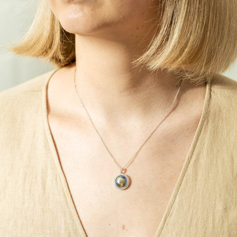 14ct White Gold Paua Pearl & Diamond Pendant-Necklace-Walker & Hall