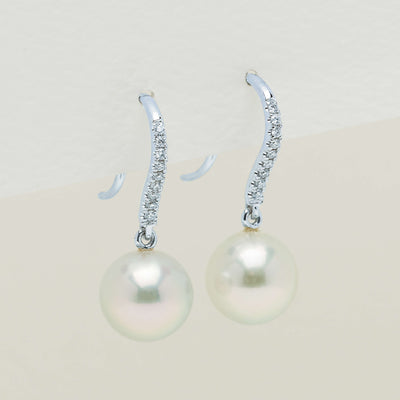 18ct White Gold Akoya Pearl & Diamond Drop Earrings - Earrings - Walker & Hall