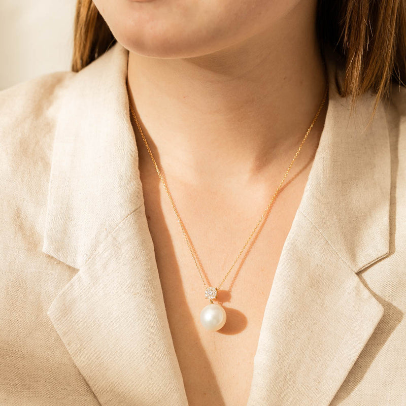 18ct Yellow Gold 14.6mm South Sea Pearl & Diamond Galaxy Pendant-Necklace-Walker & Hall