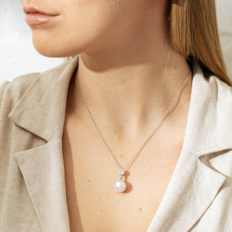 18ct White Gold South Sea Pearl & Diamond Pendant-Necklace-Walker & Hall