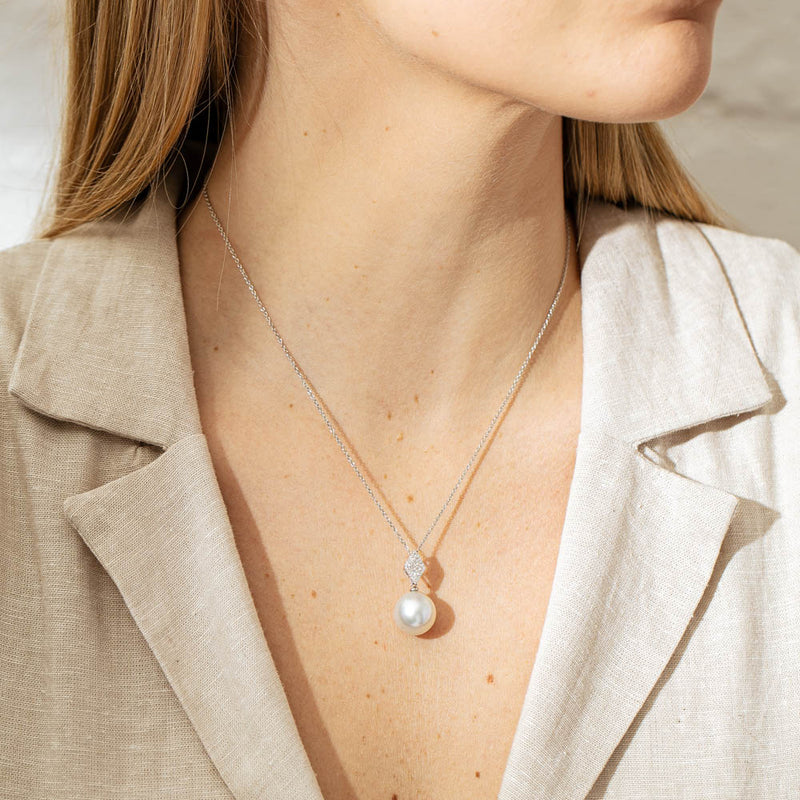 18ct White Gold South Sea Pearl & Diamond Pendant-Necklace-Walker & Hall
