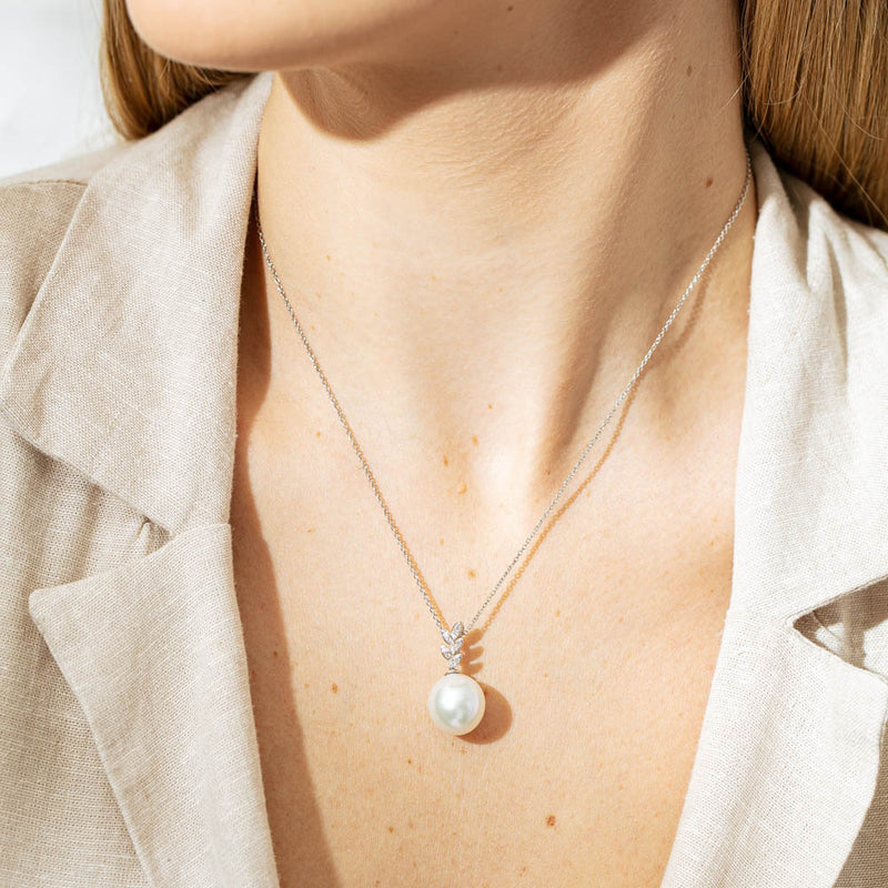 18ct White Gold South Sea Pearl & Diamond Pendant-Necklace-Walker & Hall