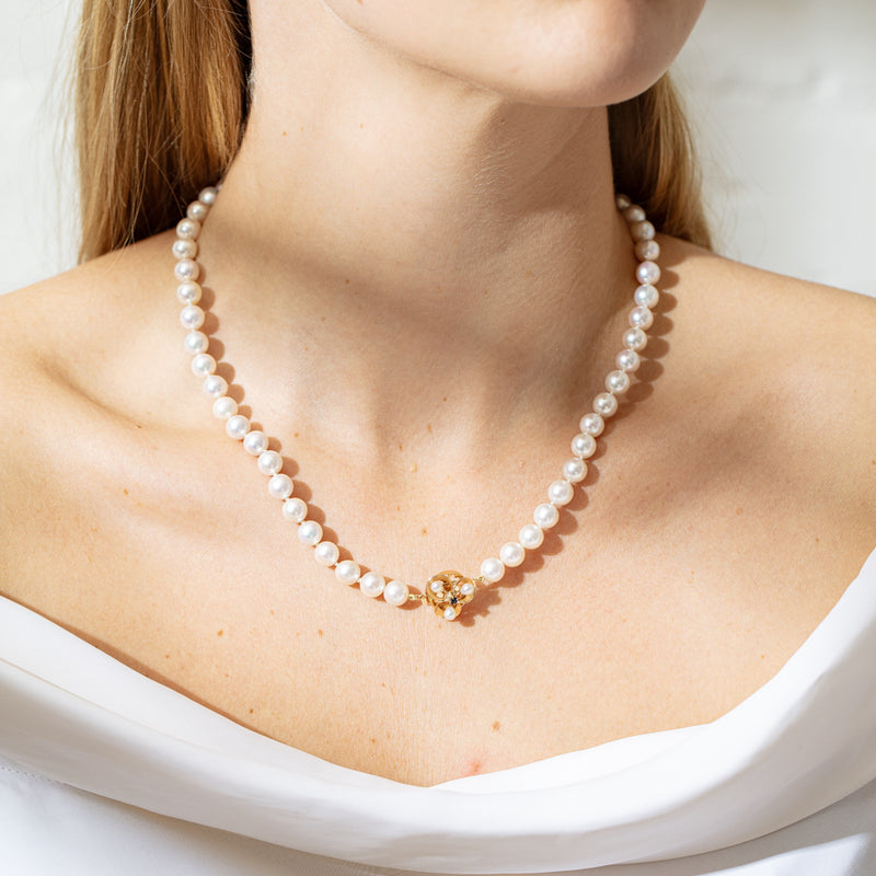 14ct Yellow Gold Akoya Pearl Strand With Sapphire Set Clasp-Necklace-Walker & Hall