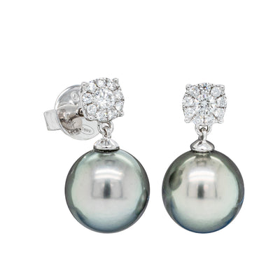 18ct White Gold Black Pearl & Diamond Galaxy Earrings-Earrings-Walker & Hall