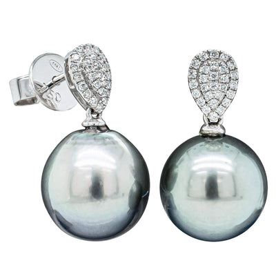 18ct White Gold Black Pearl & Diamond Aegean Earrings-Earrings-Walker & Hall