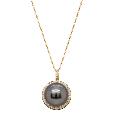 18ct Yellow Gold Tahitian Pearl & Diamond Pendant-Necklace-Walker & Hall