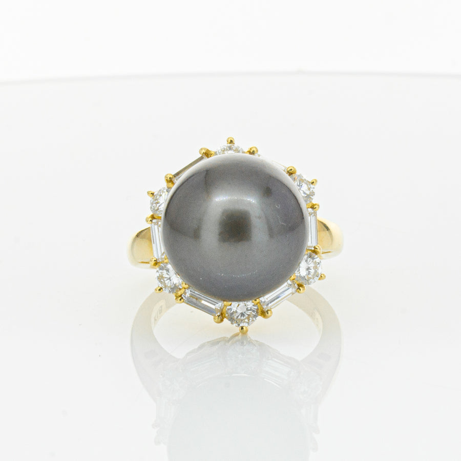 Deja Vu 18ct Yellow Gold 13mm Black Pearl & Diamond Ring-Ring-Walker & Hall