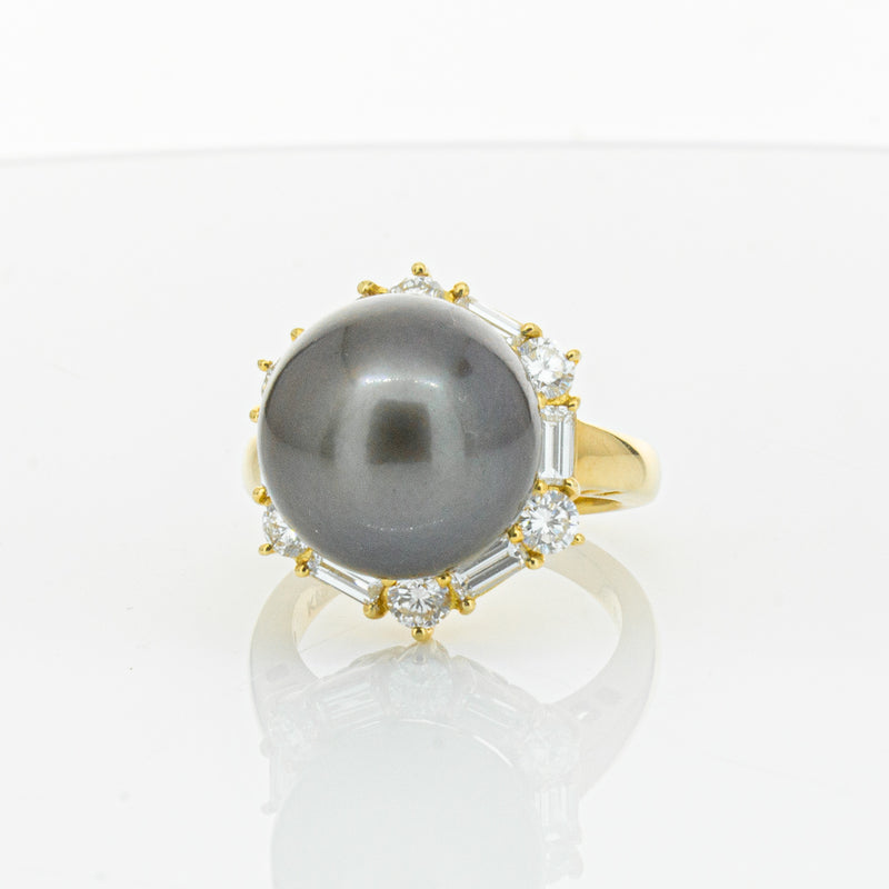 Deja Vu 18ct Yellow Gold 13mm Black Pearl & Diamond Ring-Ring-Walker & Hall