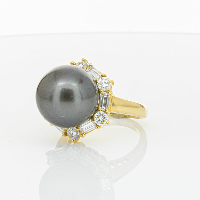 Deja Vu 18ct Yellow Gold 13mm Black Pearl & Diamond Ring-Ring-Walker & Hall