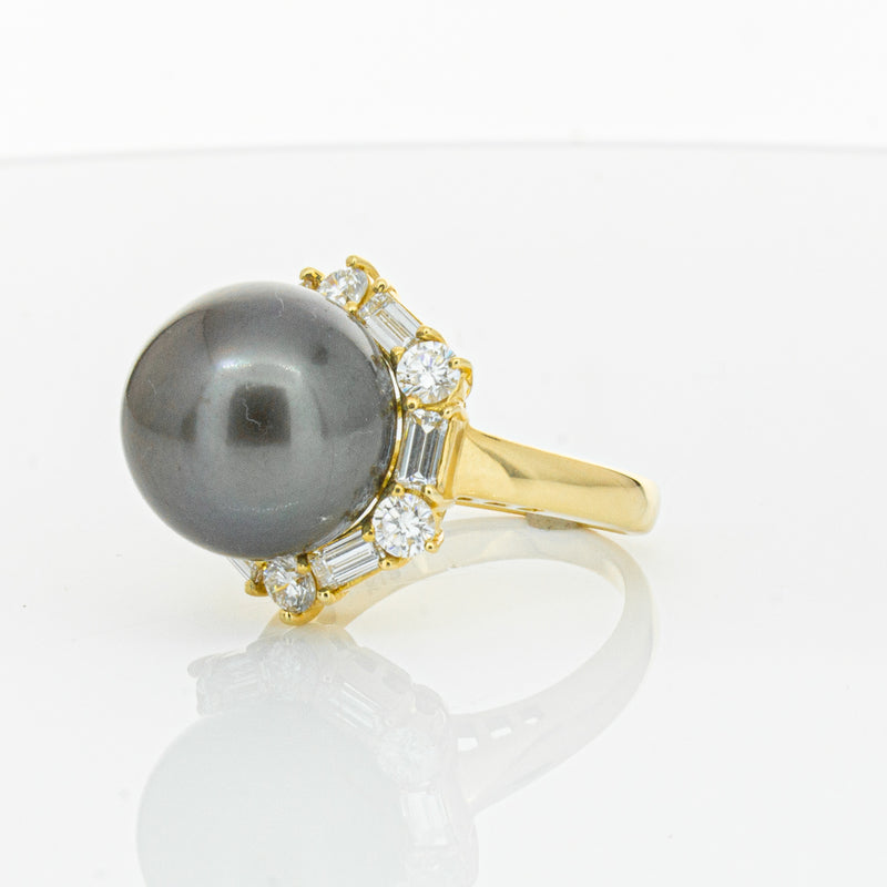 Deja Vu 18ct Yellow Gold 13mm Black Pearl & Diamond Ring-Ring-Walker & Hall