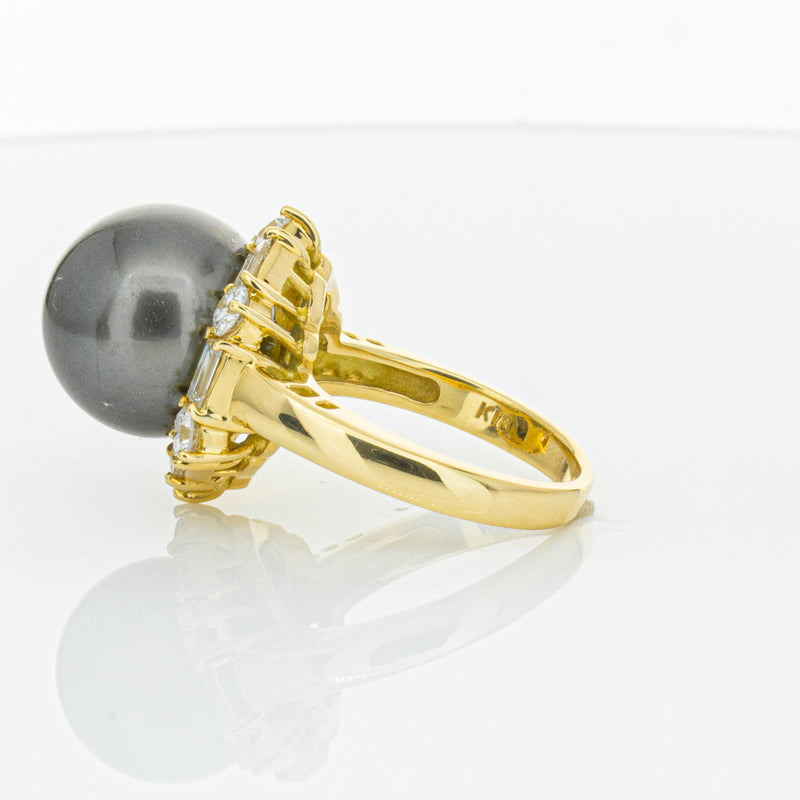 Deja Vu 18ct Yellow Gold 13mm Black Pearl & Diamond Ring-Ring-Walker & Hall