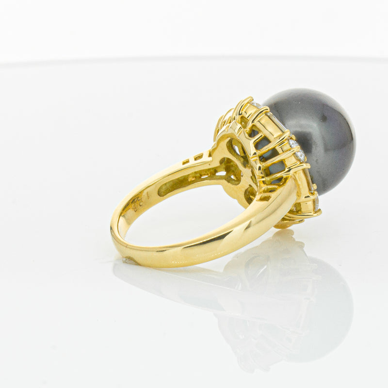 Deja Vu 18ct Yellow Gold 13mm Black Pearl & Diamond Ring-Ring-Walker & Hall