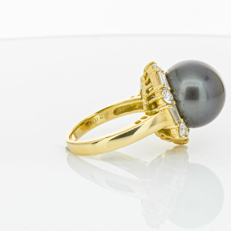 Deja Vu 18ct Yellow Gold 13mm Black Pearl & Diamond Ring-Ring-Walker & Hall