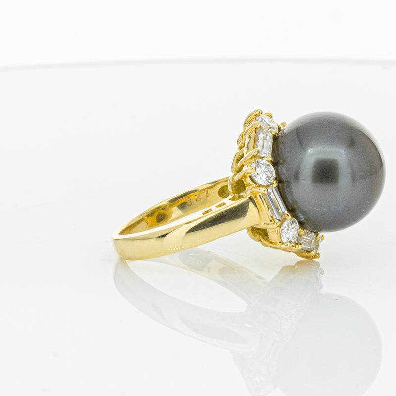 Deja Vu 18ct Yellow Gold 13mm Black Pearl & Diamond Ring-Ring-Walker & Hall