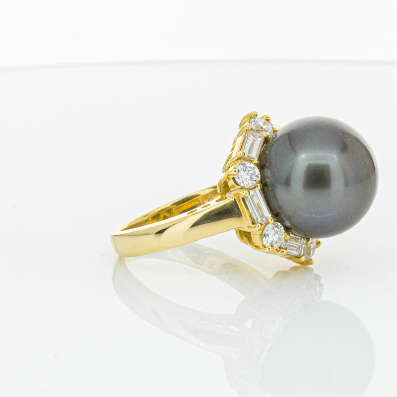 Deja Vu 18ct Yellow Gold 13mm Black Pearl & Diamond Ring-Ring-Walker & Hall