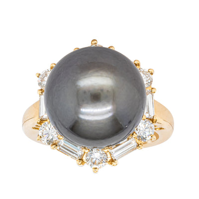 Deja Vu 18ct Yellow Gold 13mm Black Pearl & Diamond Ring-Ring-Walker & Hall