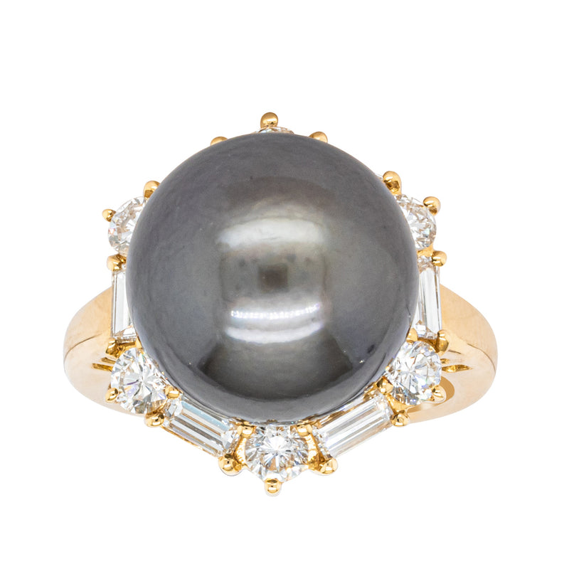 Deja Vu 18ct Yellow Gold 13mm Black Pearl & Diamond Ring-Ring-Walker & Hall