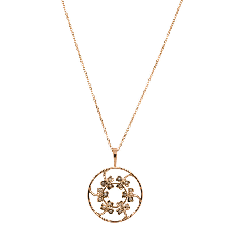 Vintage 9ct Rose Gold Seed Pearl Clover Pendant-Necklace-Walker & Hall