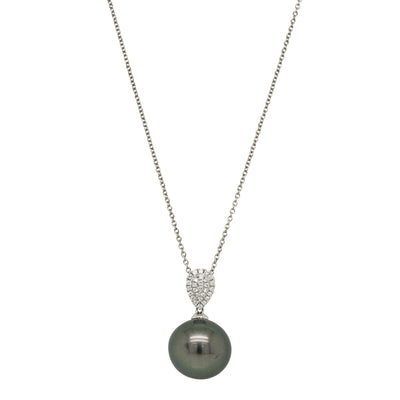 18ct White Gold 13.9mm Tahitian Pearl & Diamond Aegean Pendant-Necklace-Walker & Hall