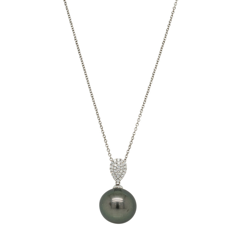 18ct White Gold 13.9mm Tahitian Pearl & Diamond Aegean Pendant-Necklace-Walker & Hall