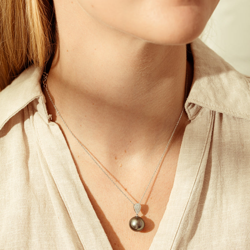18ct White Gold 13.9mm Tahitian Pearl & Diamond Aegean Pendant-Necklace-Walker & Hall