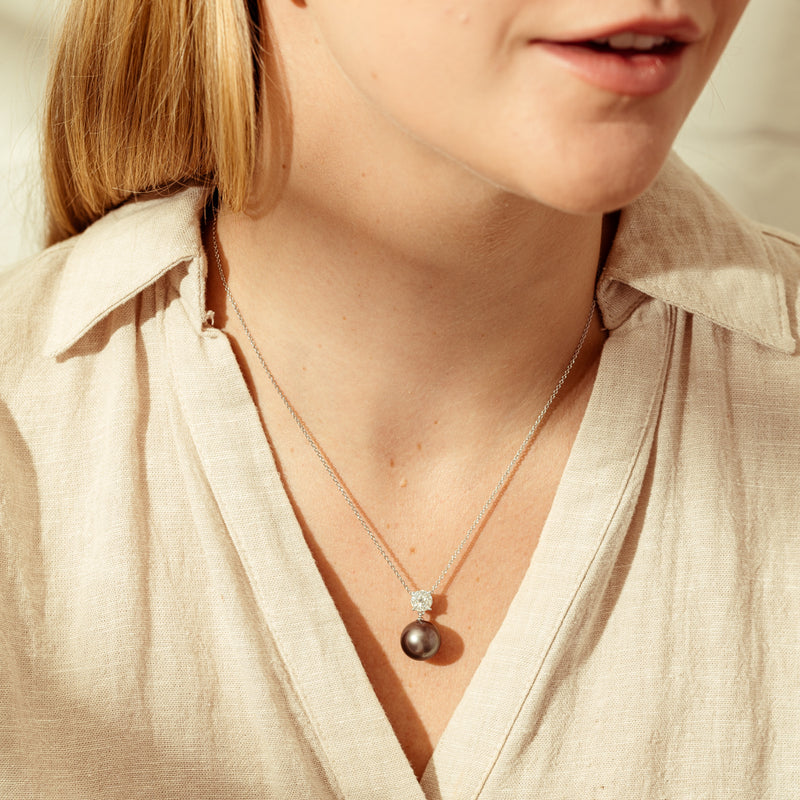 18ct White Gold 13.1mm Black Pearl & Diamond Galaxy Necklace-Necklace-Walker & Hall