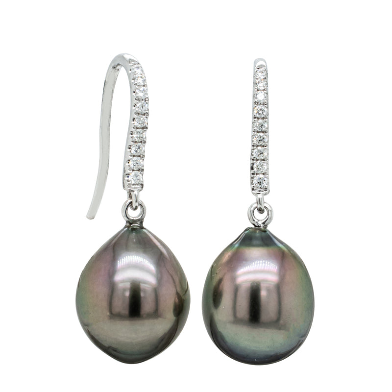18ct White Gold Tahitian Black Pearl & Diamond Drop Earrings-Earrings-Walker & Hall
