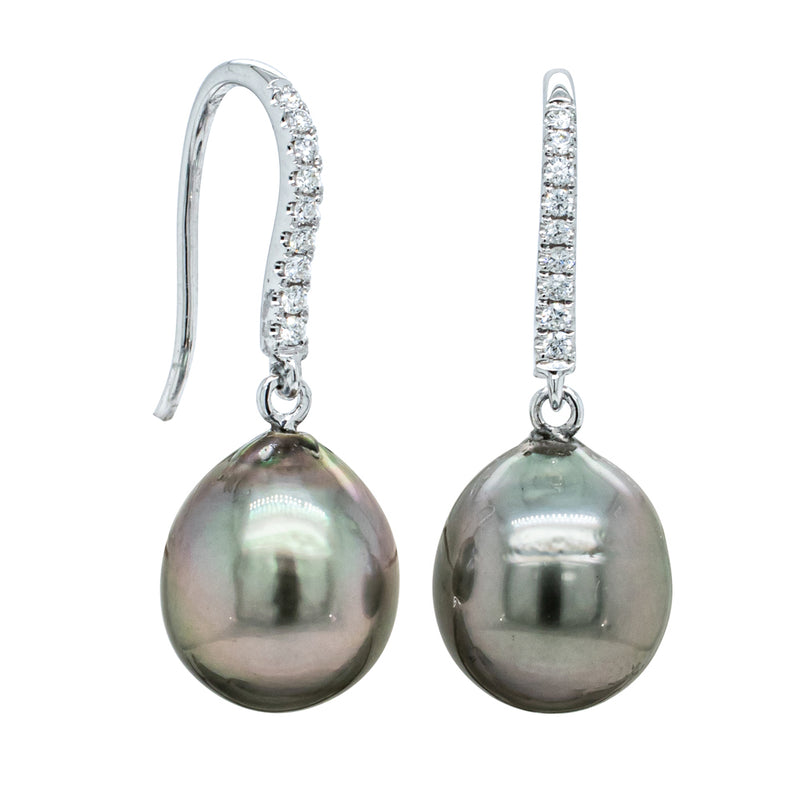 18ct White Gold Tahitian Black Pearl & Diamond Drop Earrings-Earrings-Walker & Hall