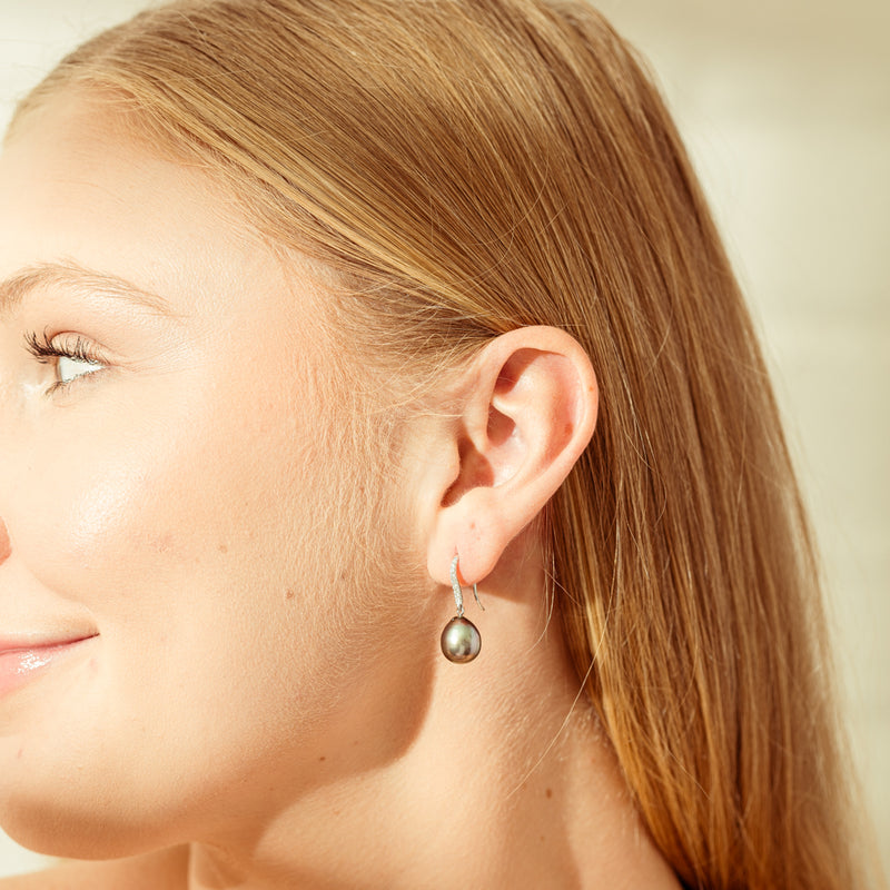 18ct White Gold Tahitian Black Pearl & Diamond Drop Earrings-Earrings-Walker & Hall