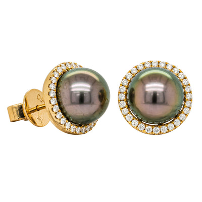 18ct Yellow Gold 10mm Tahitian Black Pearl & Diamond Callisto Earrings-Earrings-Walker & Hall