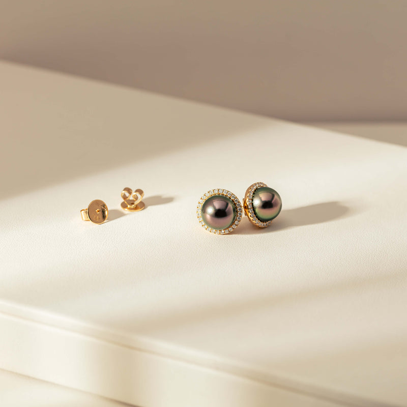 18ct Yellow Gold 10mm Tahitian Black Pearl & Diamond Callisto Earrings-Earrings-Walker & Hall