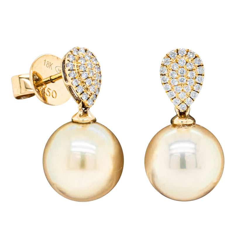 18ct Yellow Gold 10mm Golden Pearl & Diamond Aegean Earrings-Earrings-Walker & Hall