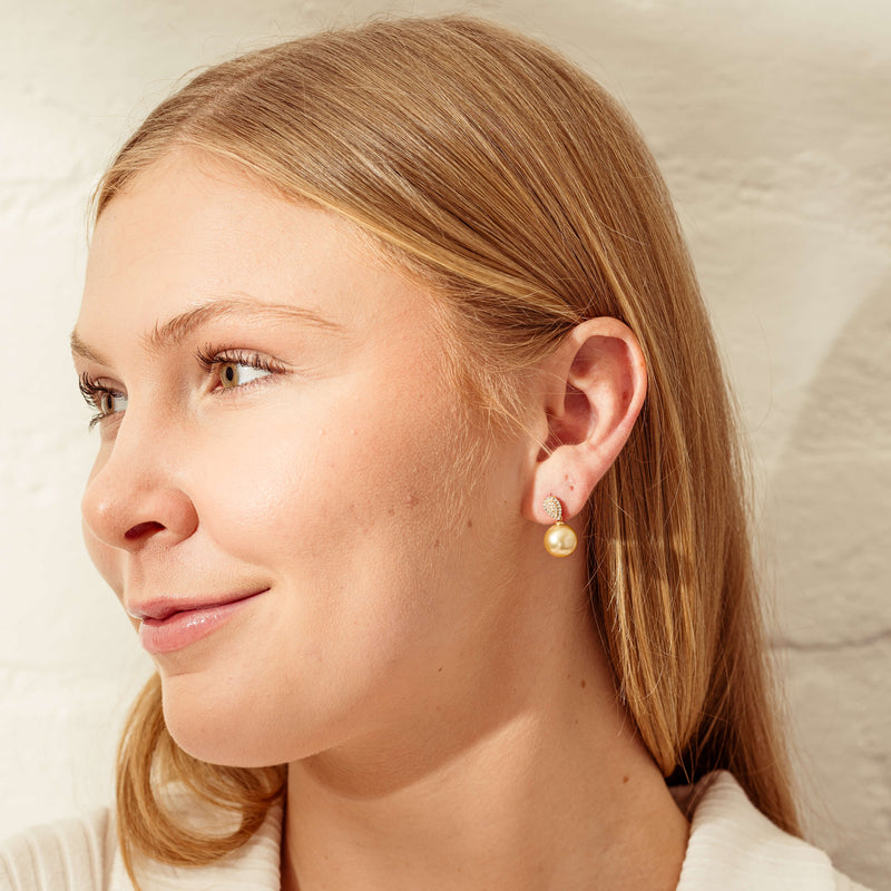 18ct Yellow Gold 10mm Golden Pearl & Diamond Aegean Earrings-Earrings-Walker & Hall