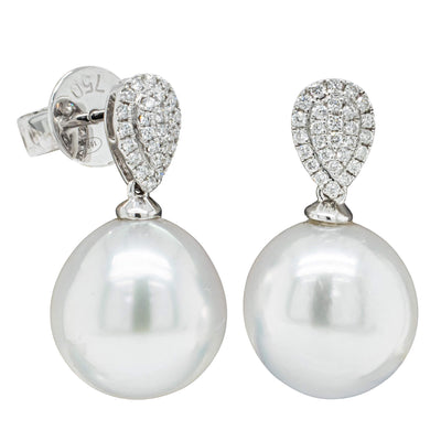 18ct White Gold 11.5mm South Sea Pearl & Diamond Aegean Earrings-Earrings-Walker & Hall