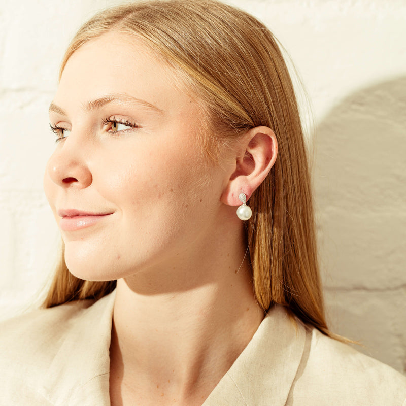 18ct White Gold 11.5mm South Sea Pearl & Diamond Aegean Earrings-Earrings-Walker & Hall