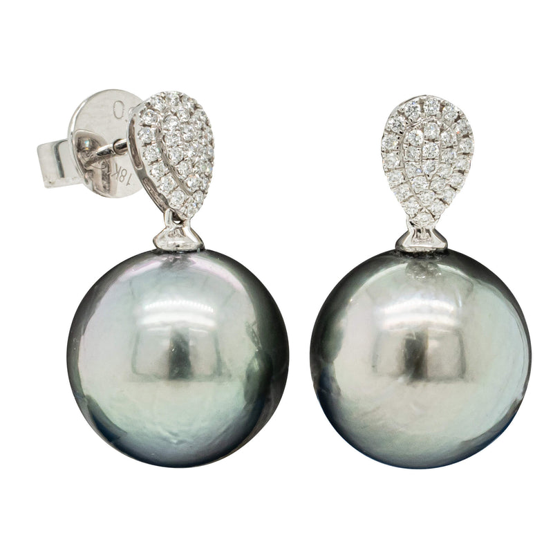 18ct White Gold Black Pearl & Diamond Aegean Earrings-Earrings-Walker & Hall