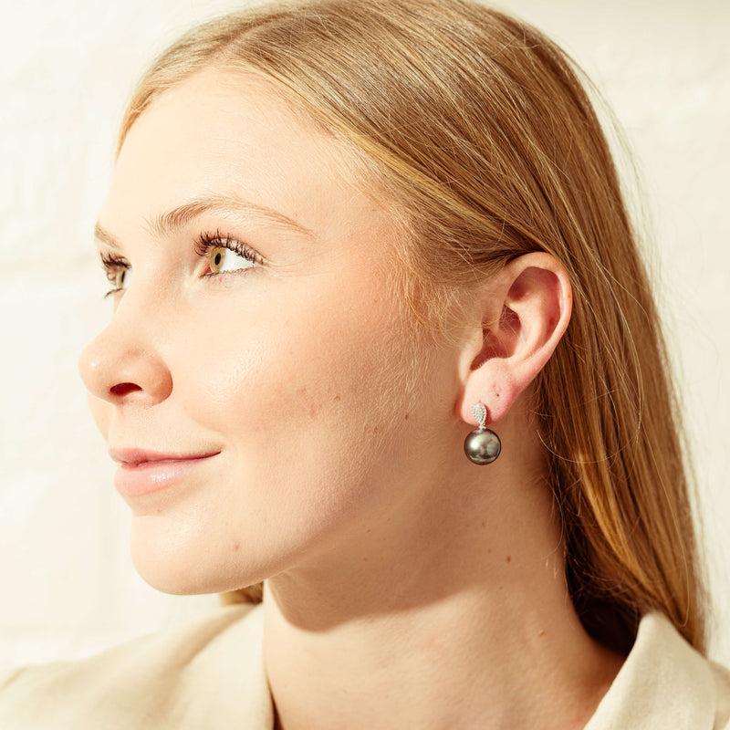 18ct White Gold Black Pearl & Diamond Aegean Earrings-Earrings-Walker & Hall