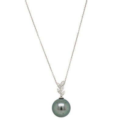 18ct White Gold 13.6mm Black Pearl & Diamond Pendant-Necklace-Walker & Hall