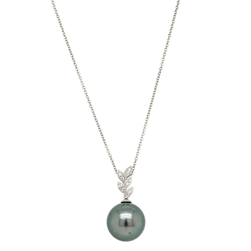 18ct White Gold 13.6mm Black Pearl & Diamond Pendant-Necklace-Walker & Hall