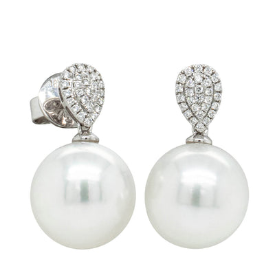 18ct White Gold 12.3mm South Sea Pearl & Diamond Aegean Earrings-Earrings-Walker & Hall
