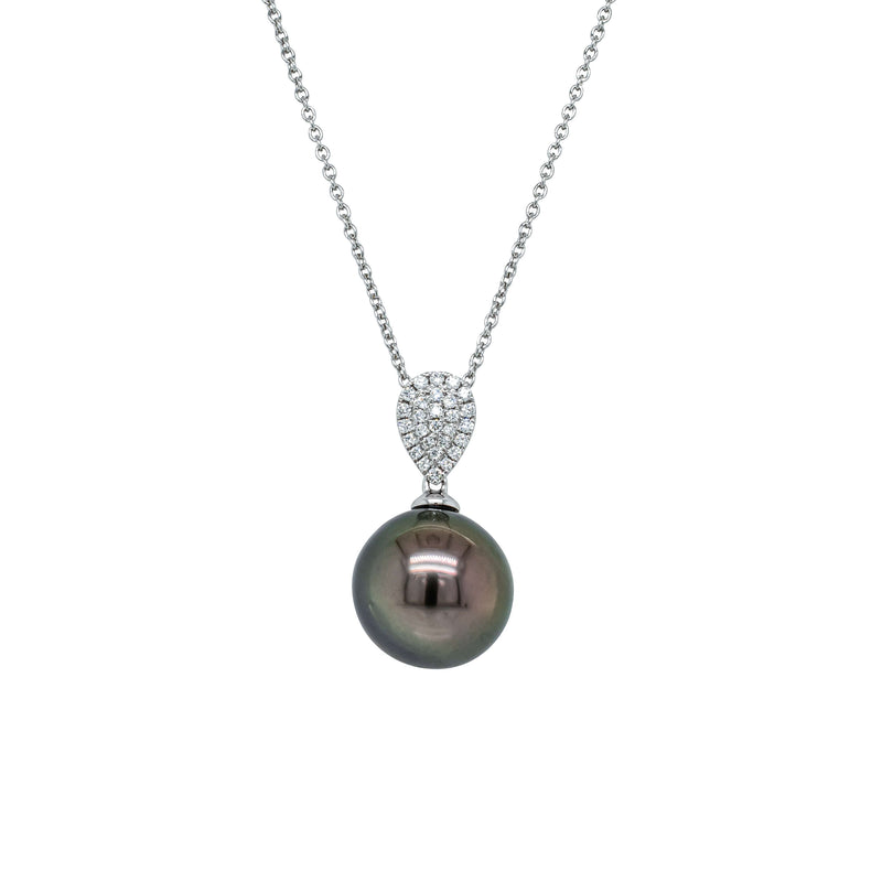 18ct White Gold 13mm Tahitian Pearl & Diamond Aegean Pendant-Necklace-Walker & Hall