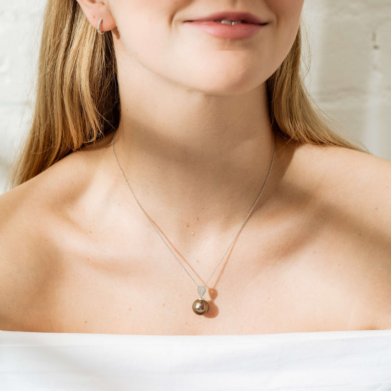 18ct White Gold 13mm Tahitian Pearl & Diamond Aegean Pendant-Necklace-Walker & Hall
