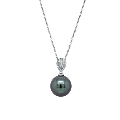 18ct White Gold 13.6mm Tahitian Pearl & Diamond Aegean Pendant-Necklace-Walker & Hall