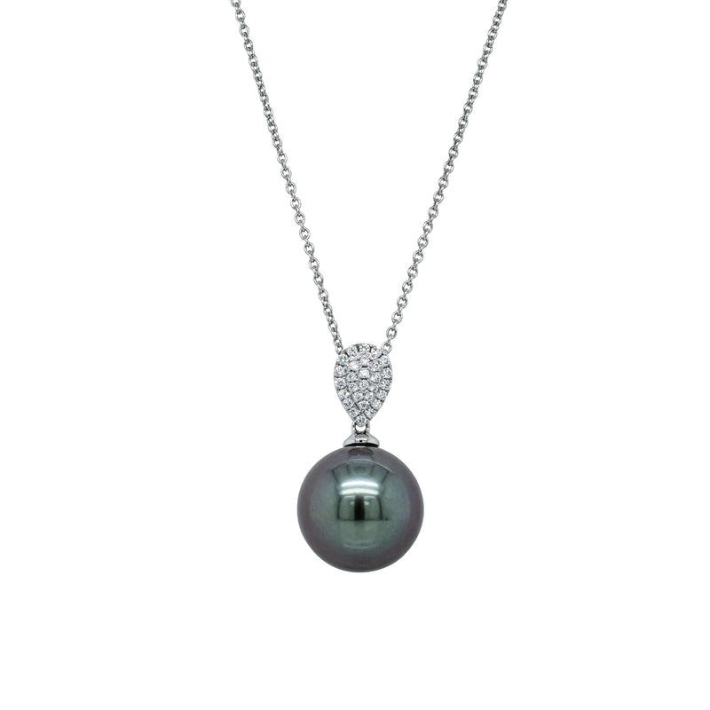 18ct White Gold 13.6mm Tahitian Pearl & Diamond Aegean Pendant-Necklace-Walker & Hall